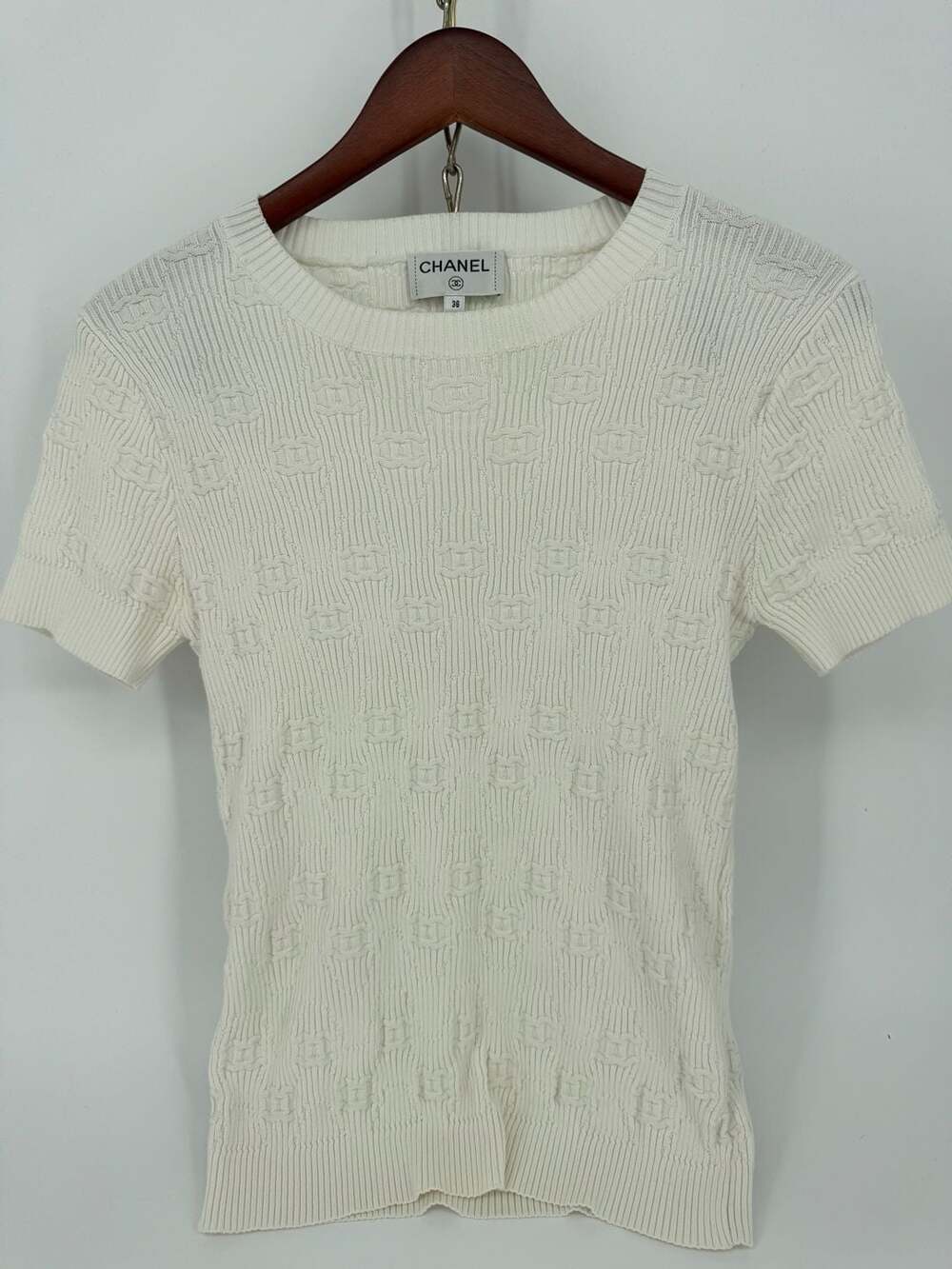Chanel White Patterned Crew Neck Short-Sleeve Knitwear Top Size 36
